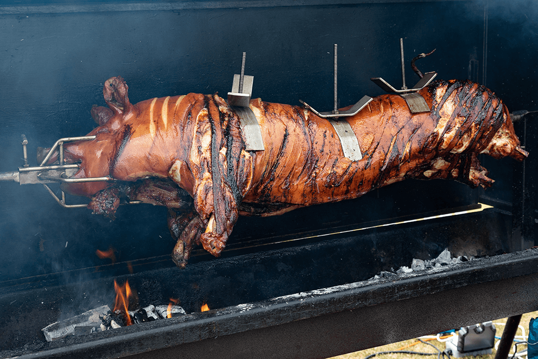 Food photography of a succulent whole hog being barbequed on a spit