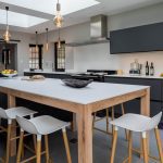 A contemporary designed kitchen with large centre island and modern lighting